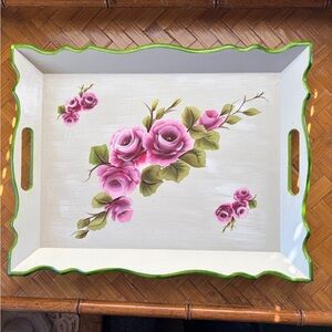 Cottagecore painted wood tray green/roses shabby chic